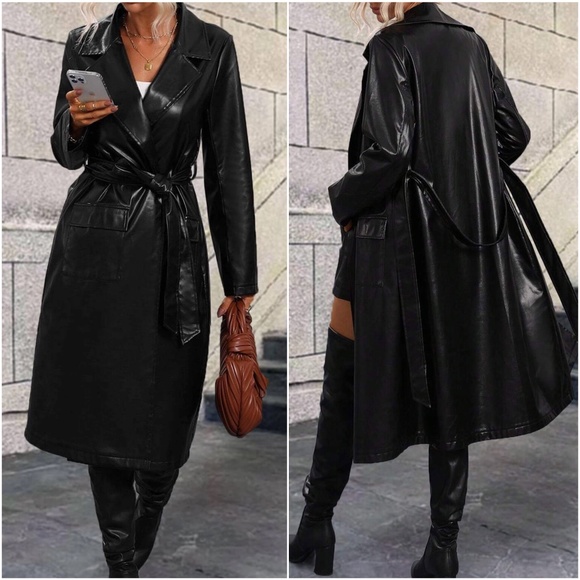 Luxe Vegan Leather Belted Minimalist Trench Coat Jacket - Picture 5 of 7